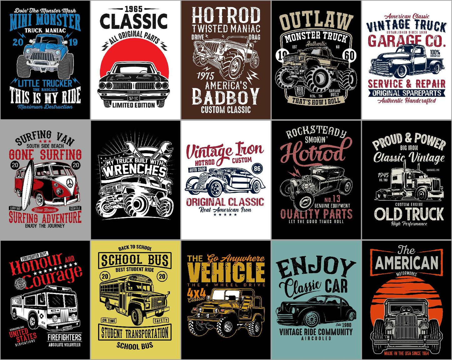 50 Editable Cars & Trucks T-Shirt Designs Bundle