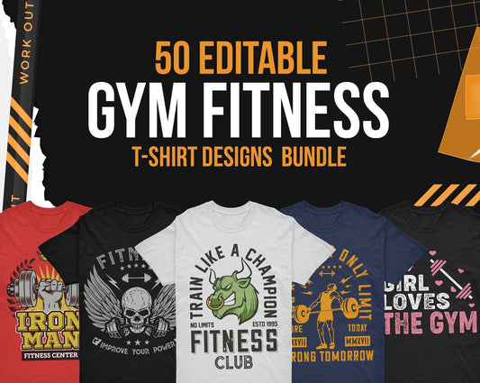 50 Editable Gym T-Shirt Designs Bundle